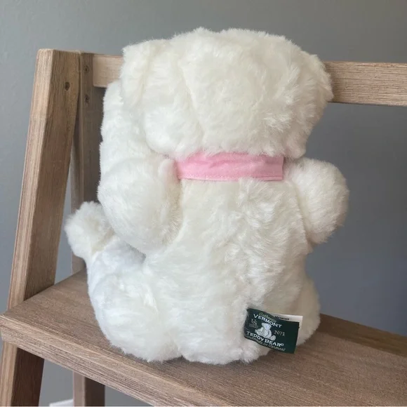 Cute Fluffy White Jointed Plush Bear with Pink Velvet Bow - Picture 7 of 13